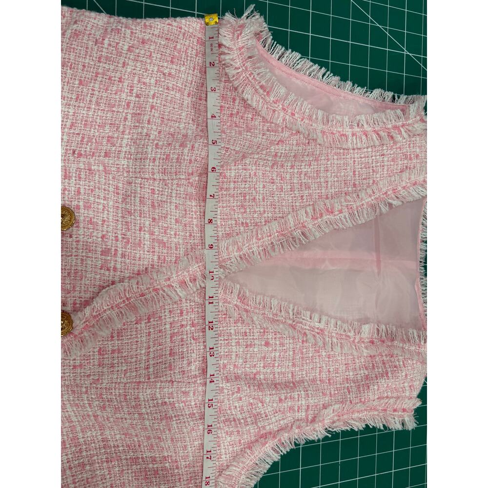Pink Boucle Tweed Blazer Dress Fringe Gold Button Coquette Old Money Mini Paris - Picture 13 of 13